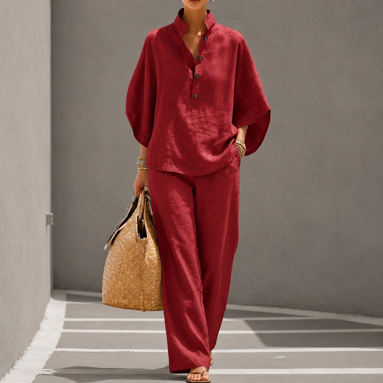 Serenity - Conjunto de algodón y lino con mangas murciélago y pantalones anchos